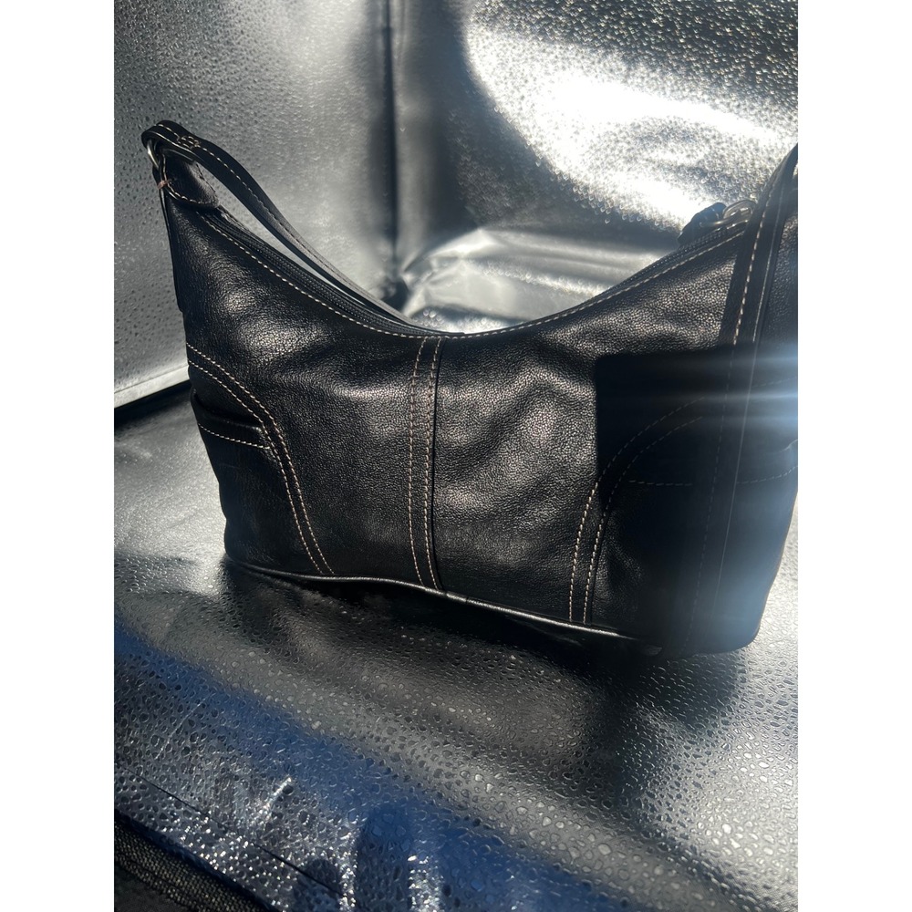 Tignanello Black Leather Crossbody Bag Contrast Stitching Hobo Shoulder Purse - Picture 3 of 4